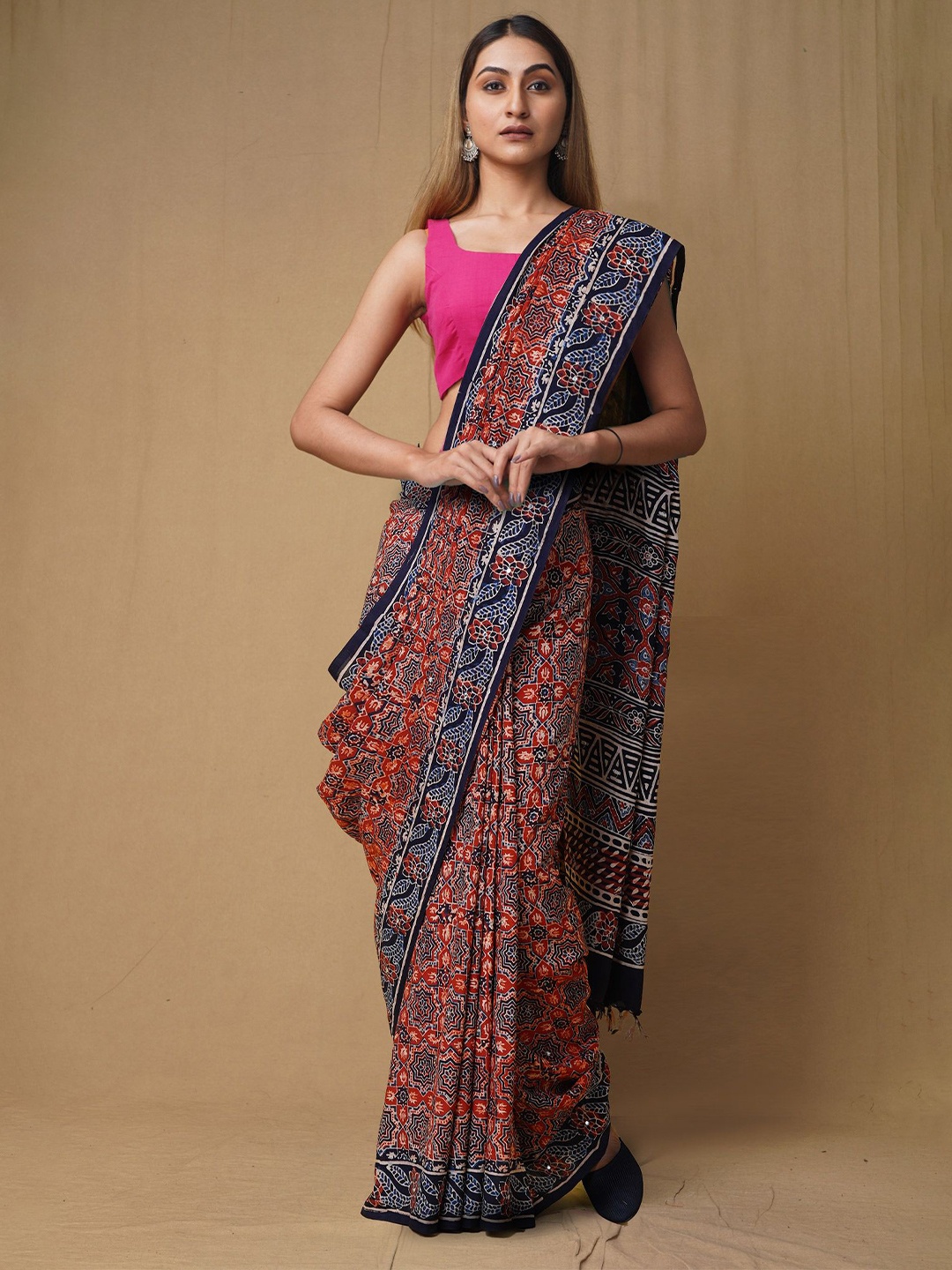 

Unnati Silks Printed Ajrak Handloom Chanderi Saree, Red