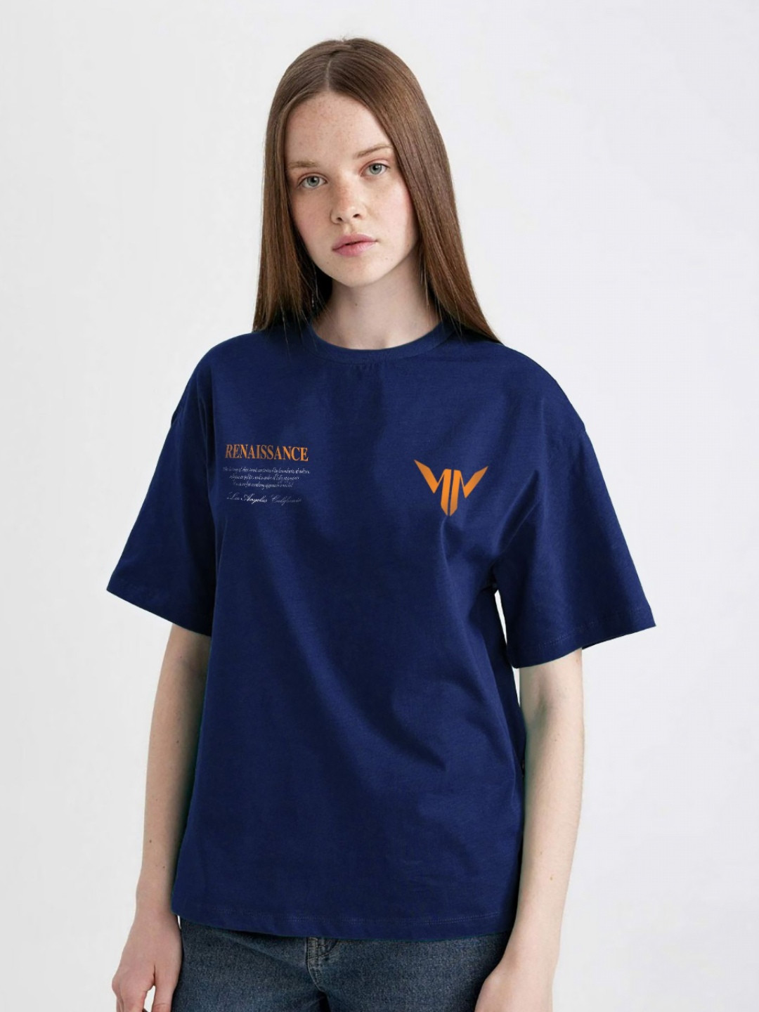 

MISCHIEF MONKEY Women Typography Printed Round Neck Cotton Oversized T-Shirt, Navy blue