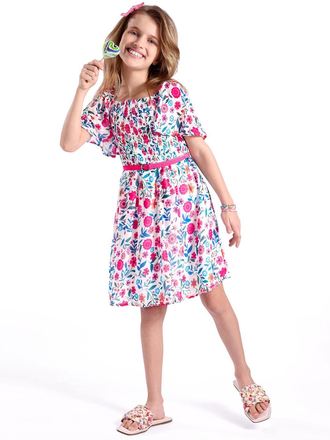 

Hola Bonita Girls Flared Sleeve Fit & Flare Floral Dress, White