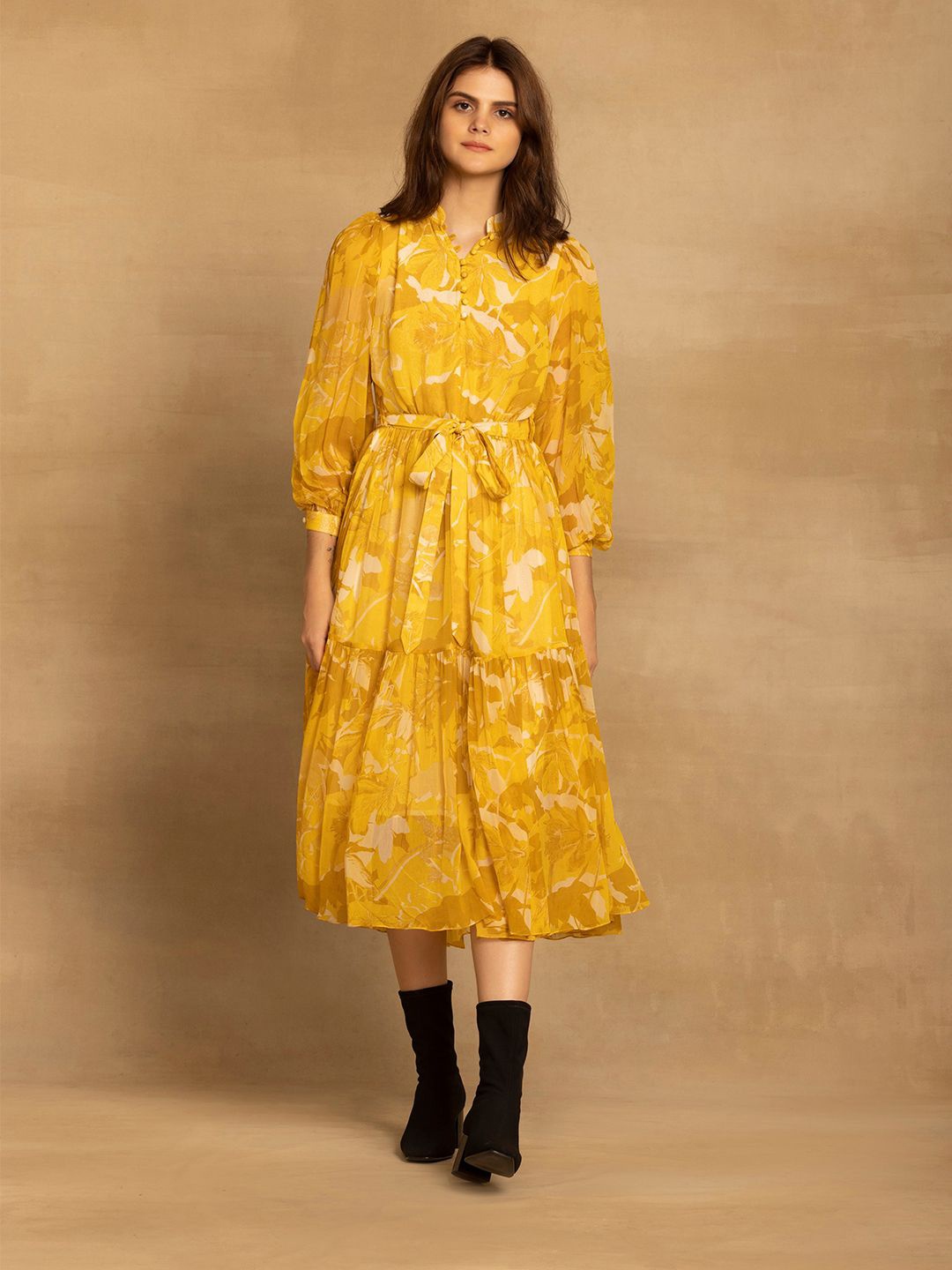 

REENA SHARMA Floral Print Puff Sleeve Georgette A-Line Midi Dress, Yellow