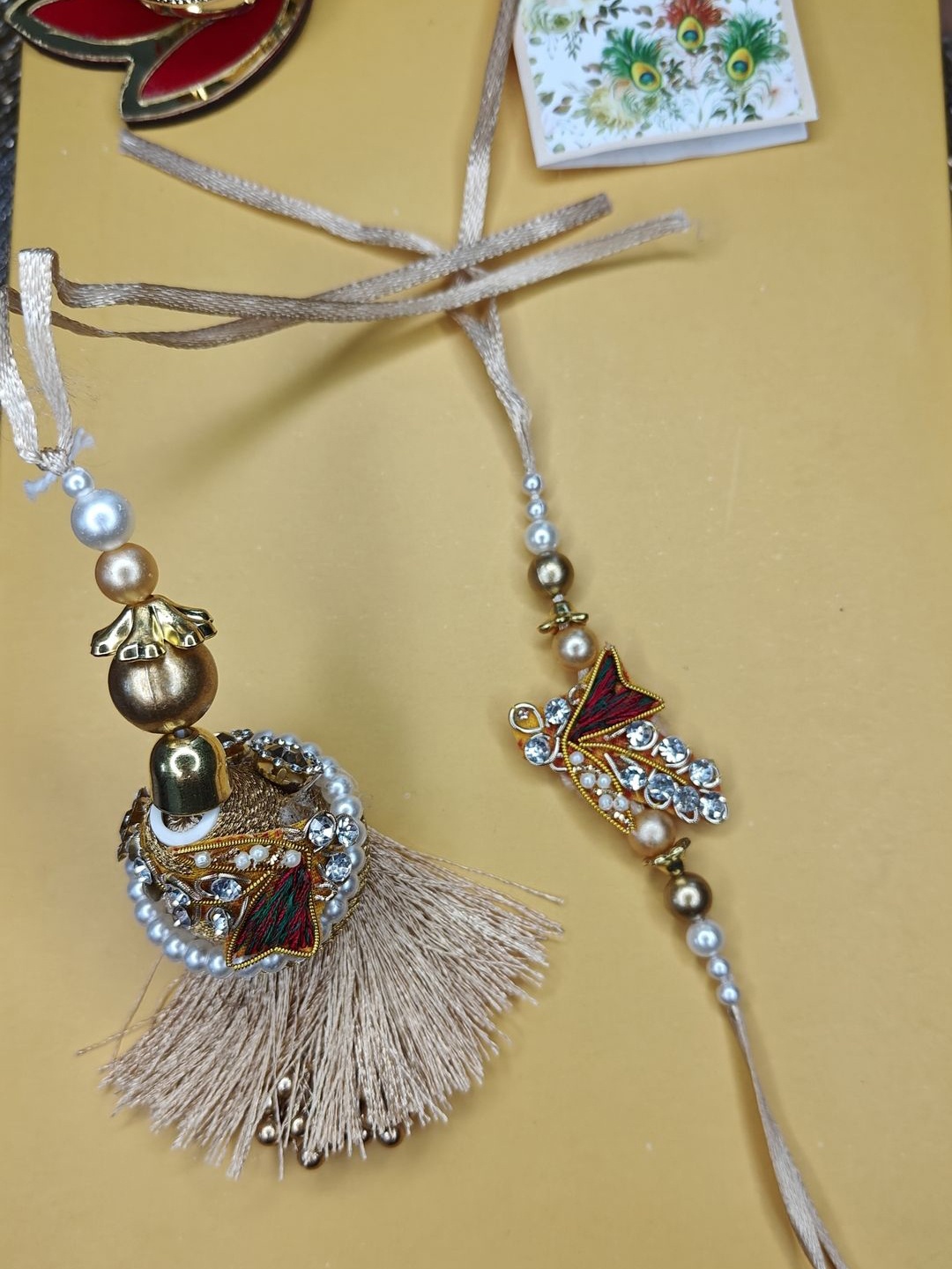 

NVR Stone Studded & Beaded Bhaiya Bhabhi Thread Rakhi With Roli Chawal, Gold