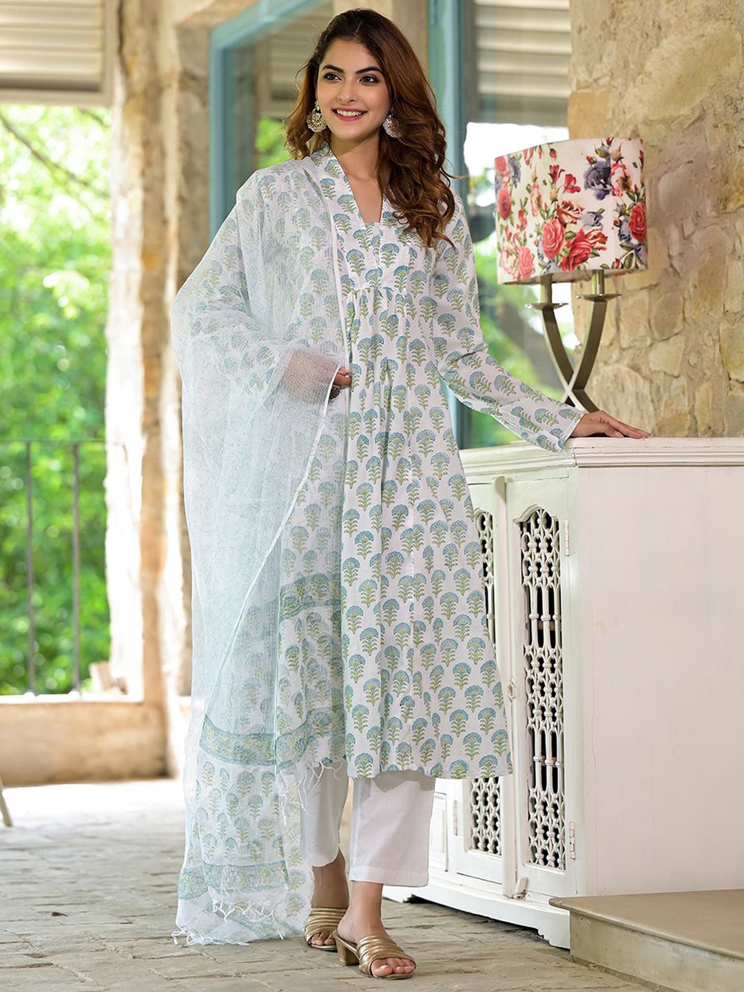 

KALINI Floral Printed Pure Cotton A-Line Kurta With Trousers & Dupatta, White