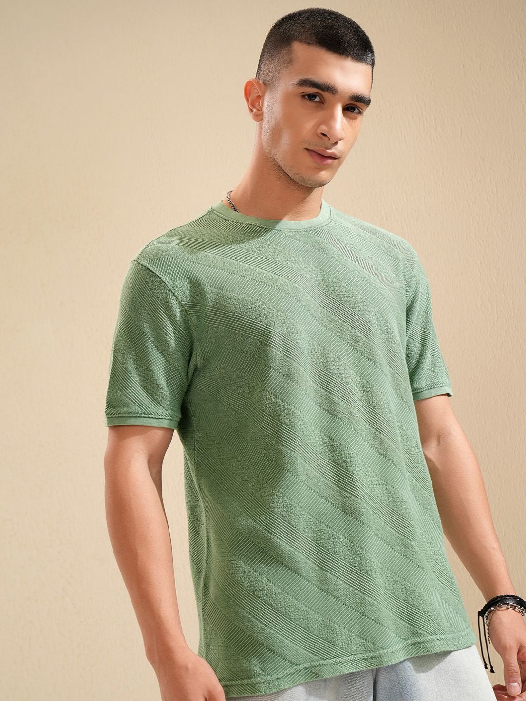 

HIGHLANDER Men Knitted Textured Round Neck Tshirt, Green