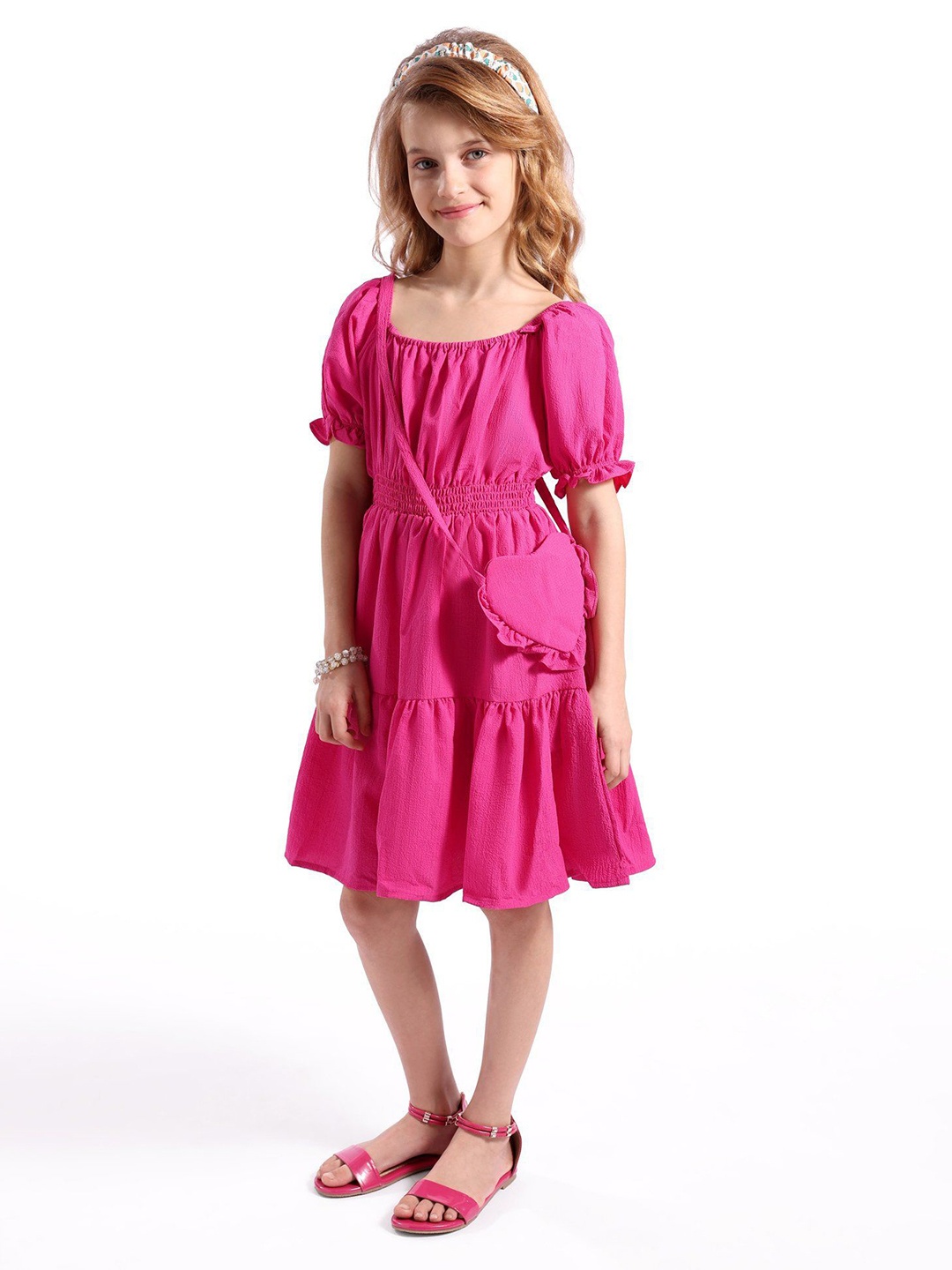 

Hola Bonita Girls Puff Sleeve A-Line Dress with Sling Bag, Fuchsia