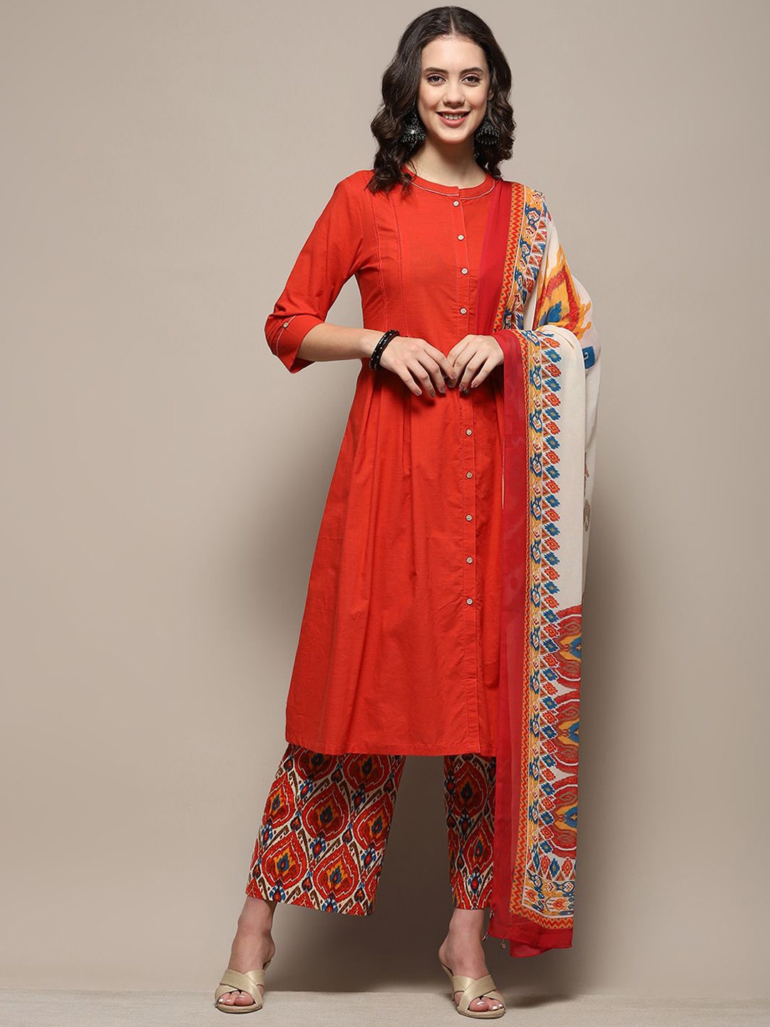 

Biba Band Collar Pure Cotton A-Line Kurta With Palazzos & Dupatta, Orange