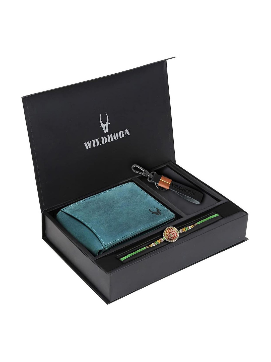 

WildHorn Men Accessory Gift Set Of Wallet Card Holder Keychain & Rakhi, Blue