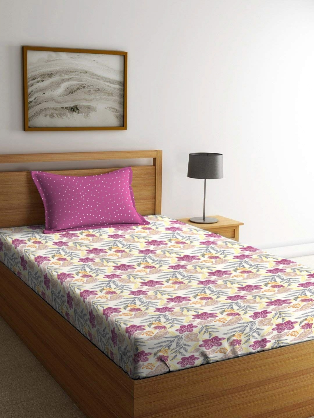 

MYTRIDENT Dusk and Dawn Pink & Yellow Floral Cotton Single Bedsheet with 1 Pillow Cover