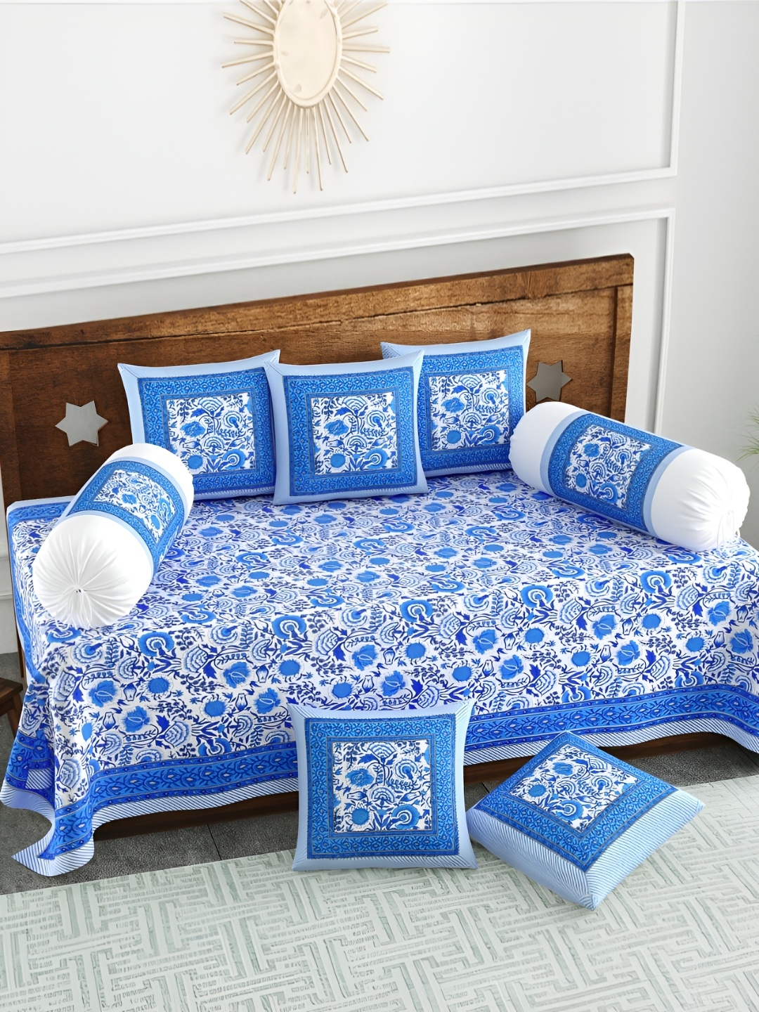 

The Craft Monk Blue & White 8 Pieces Floral Printed Pure Cotton Diwan Set