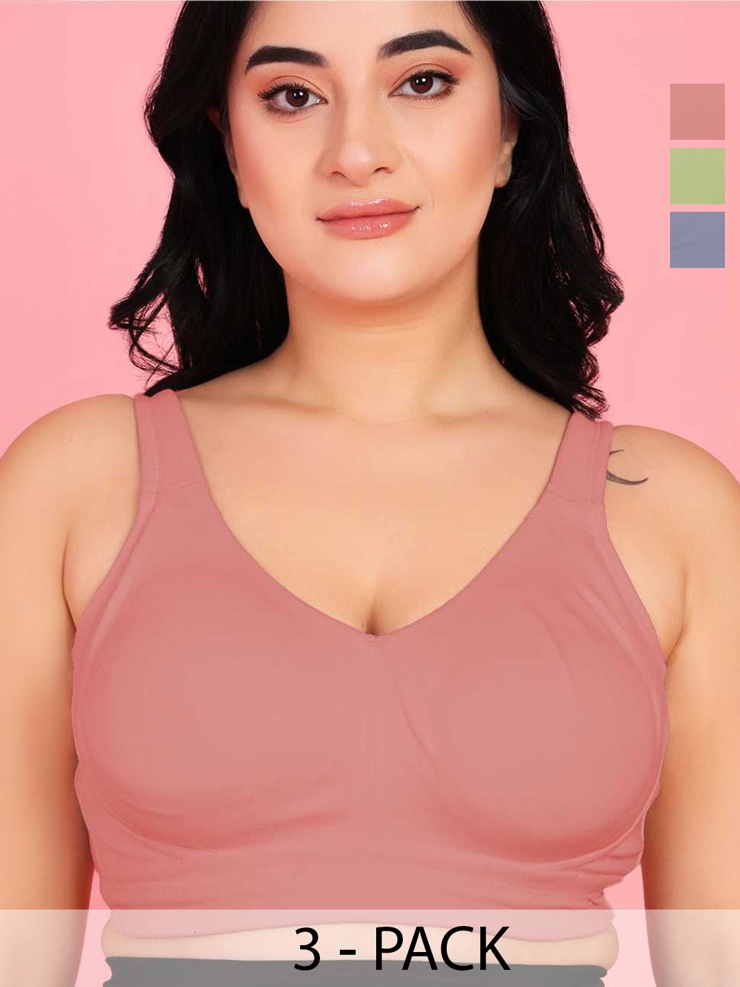 

Curvy Love Pack of 3 Full Coverage Solid Bra, Green