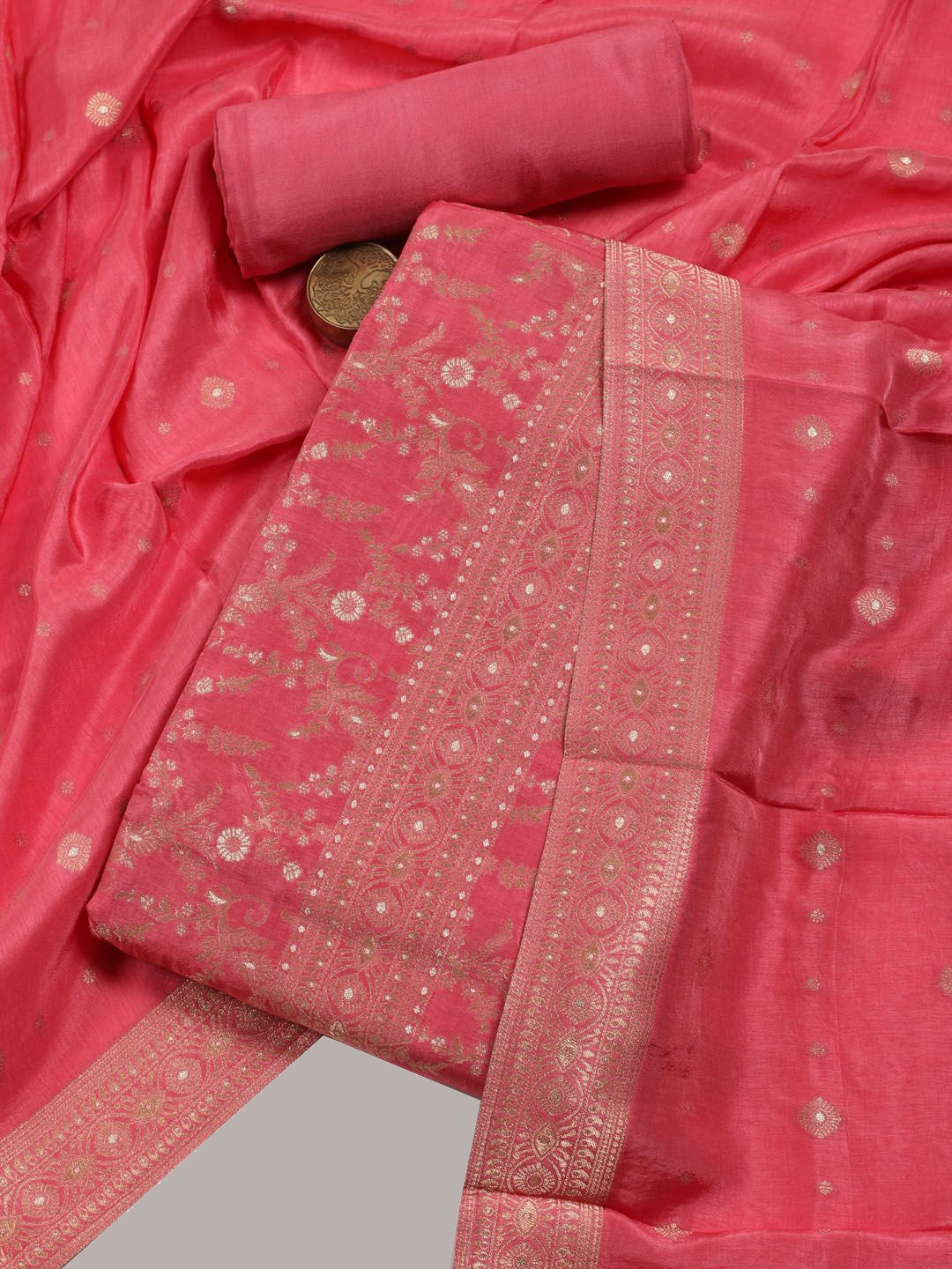 

Meena Bazaar Art Silk Unstitched Dress Material, Coral