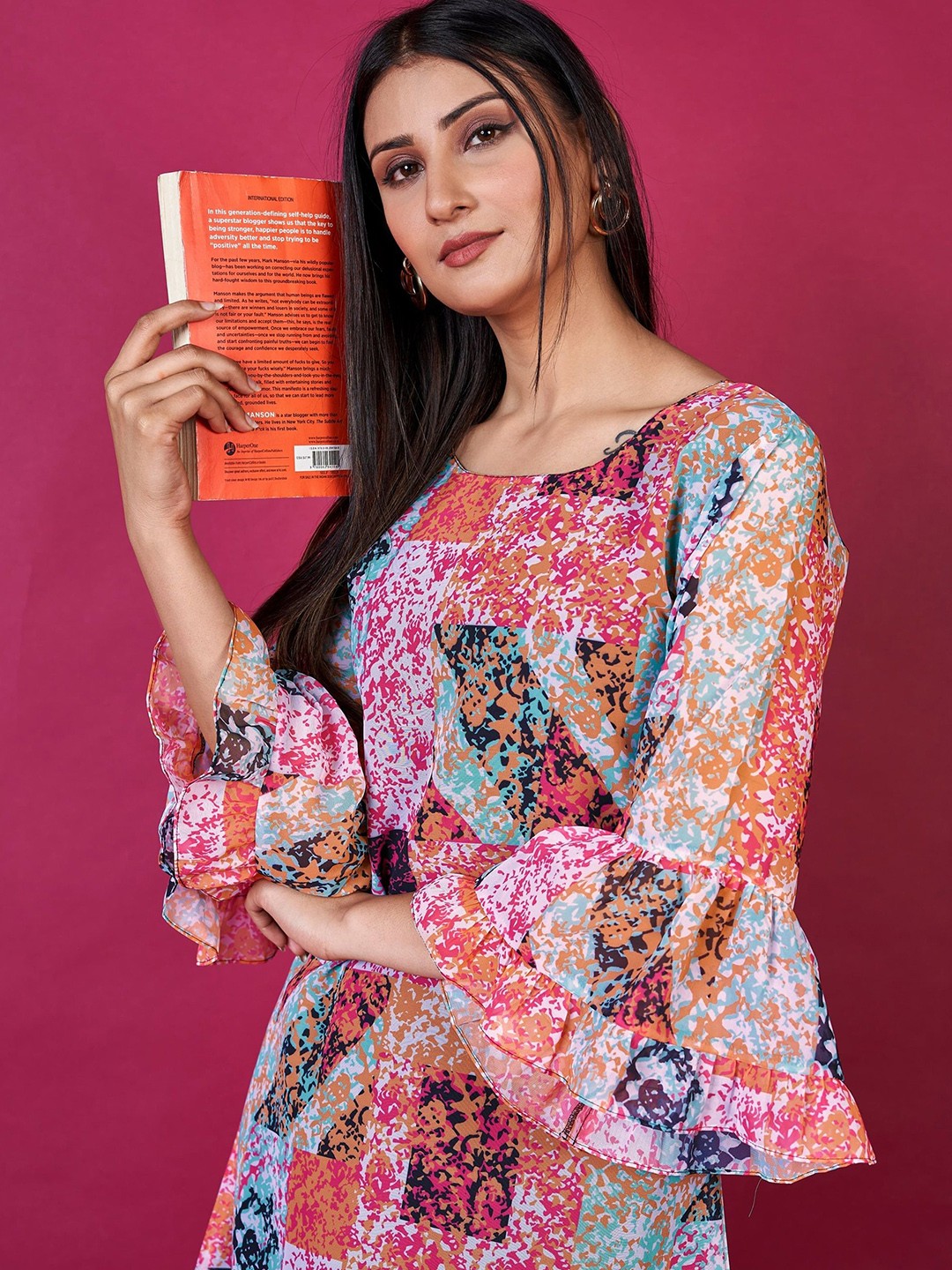 

Futra Gabha Bell Sleeve Abstract A-Line Midi Dress, Pink