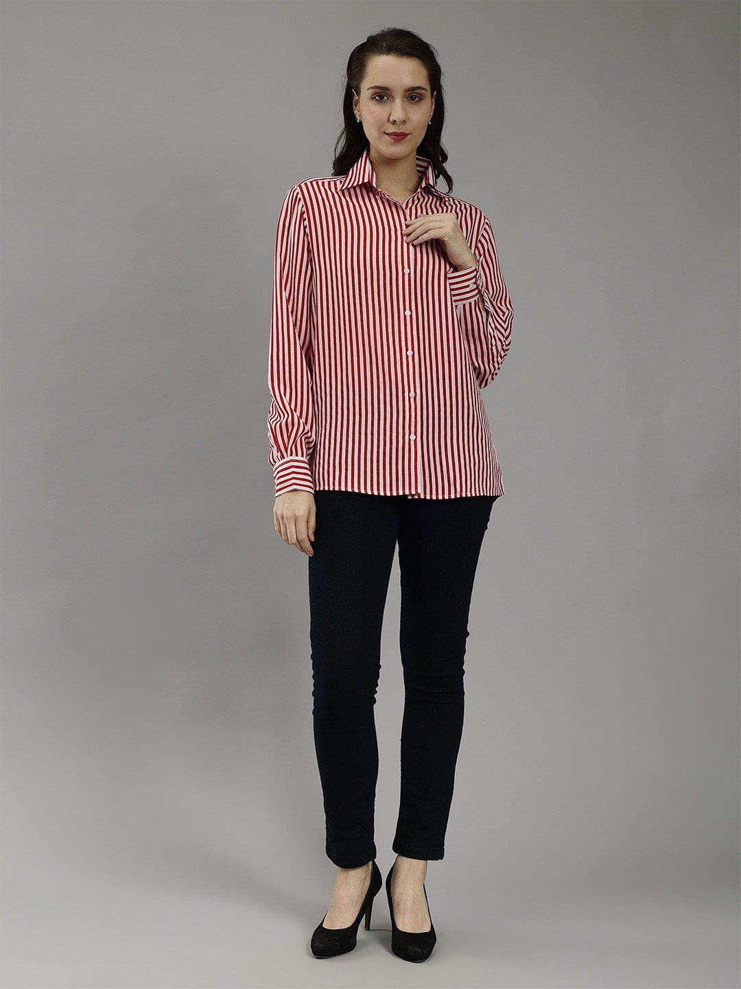 

ENTELLUS Women Classic Striped Slim Fit Casual Shirt, Red