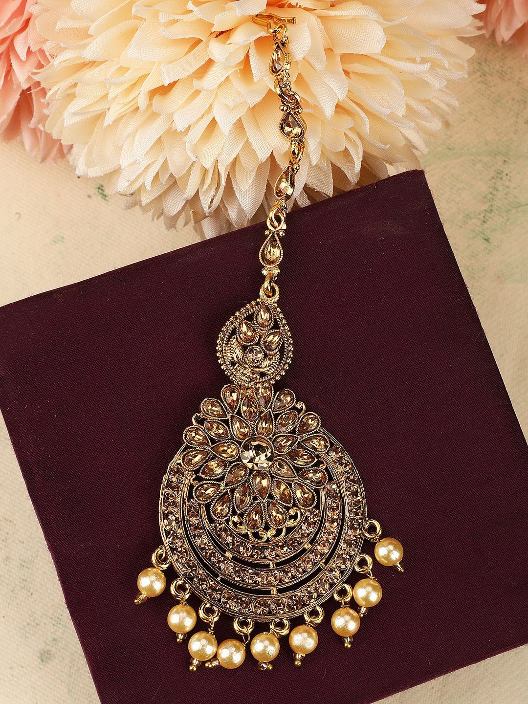 

MODE MANIA Gold-Plated Artificial Stones and Beads Studded Maang Tikka Head Jewellery