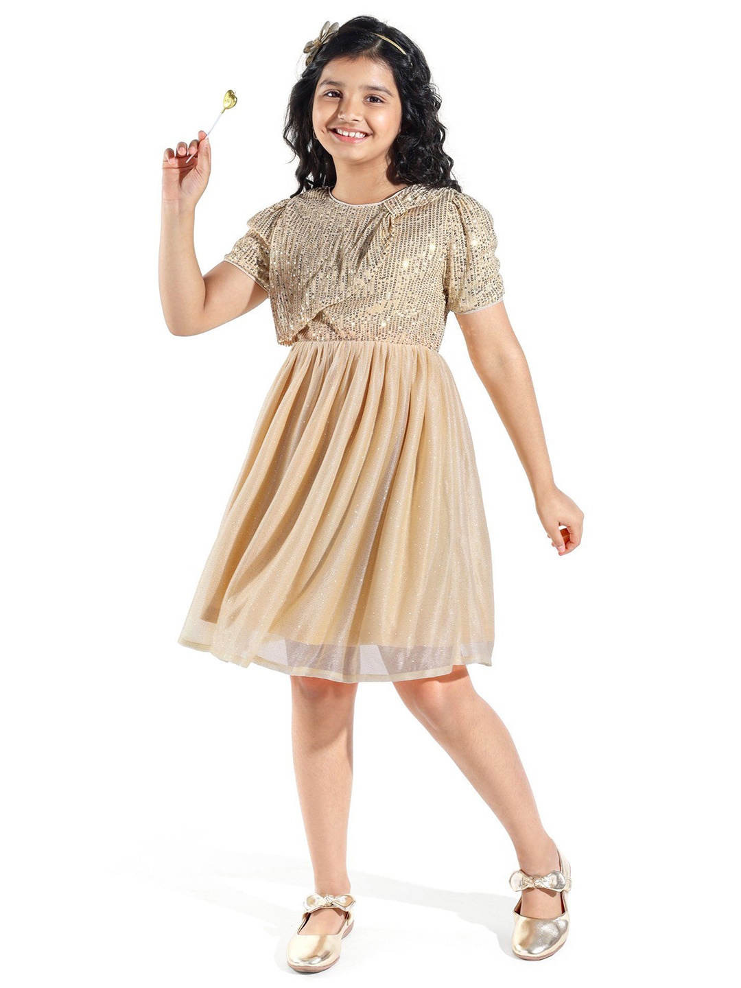 

Hola Bonita Girls Embellished Puff Sleeves Fit and Flare Dress, Cream