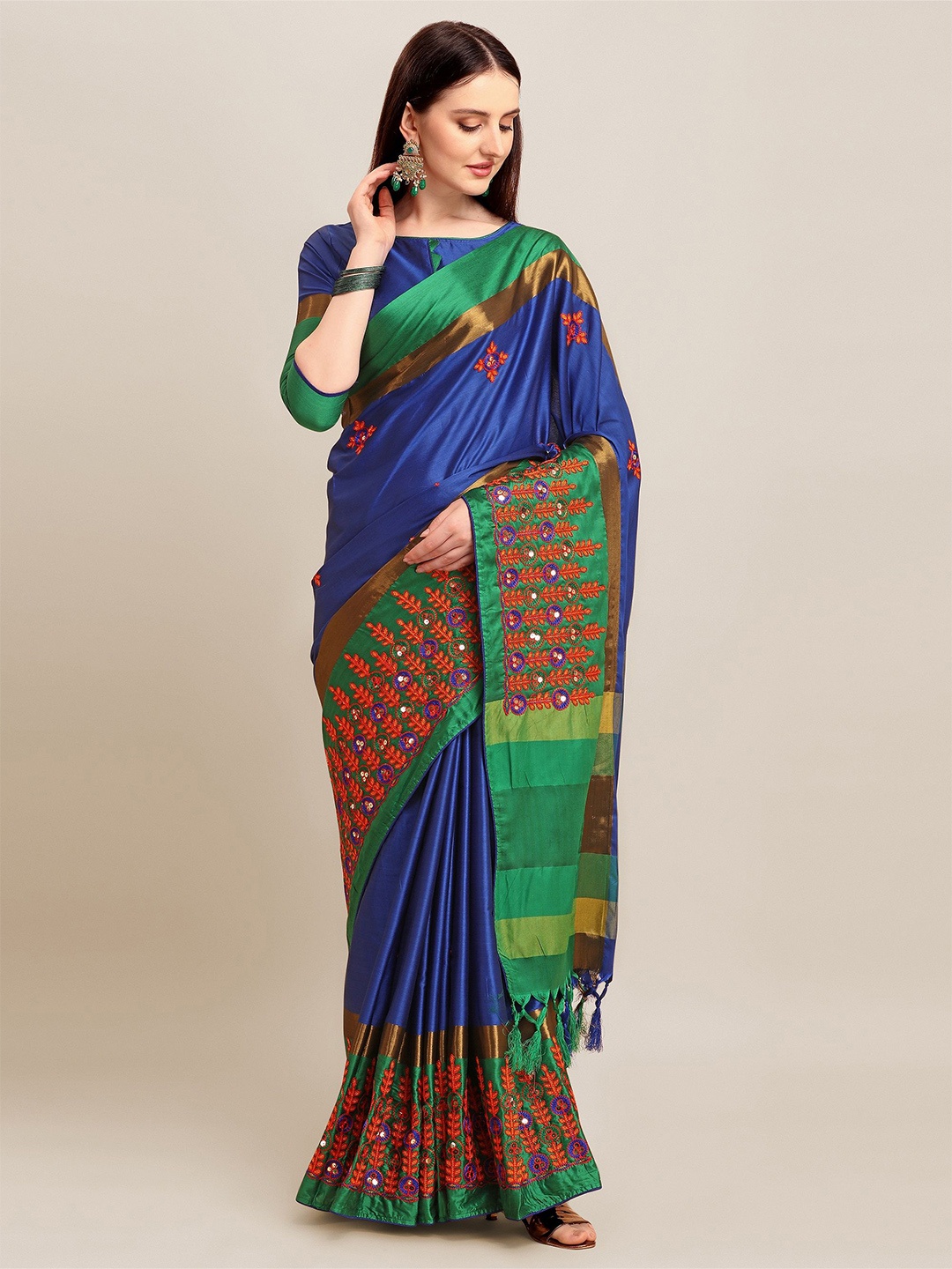 

KALINI Floral Embroidered Silk Cotton Saree, Green