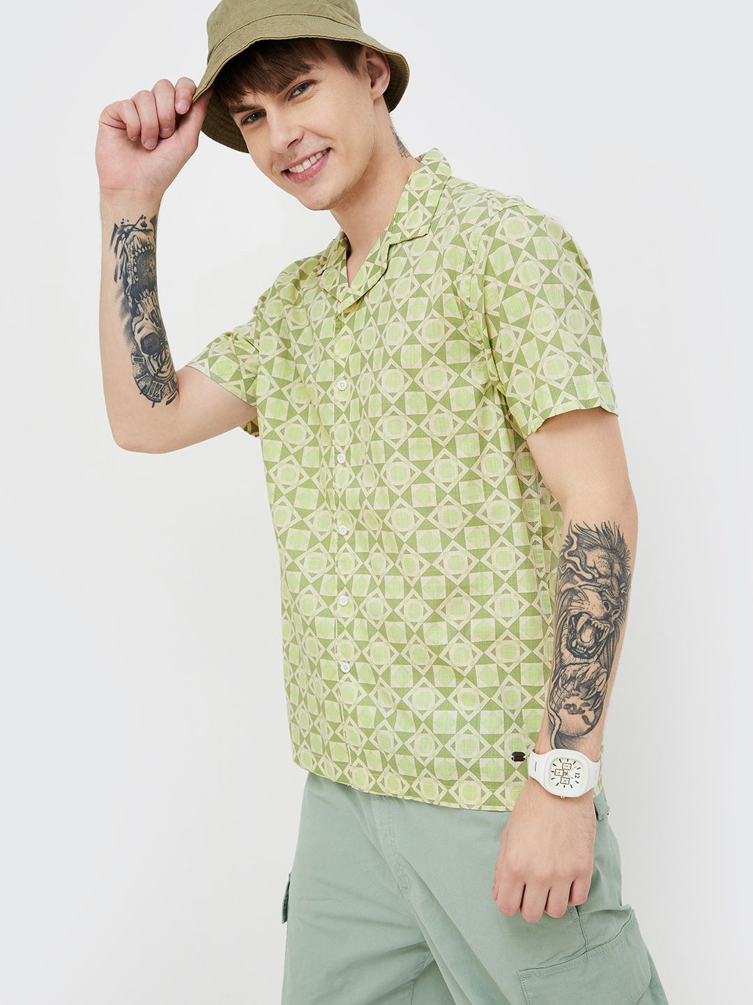 

Fame Forever by Lifestyle Men Spread Collar Abstract Printed Cotton Casual Shirt, Olive