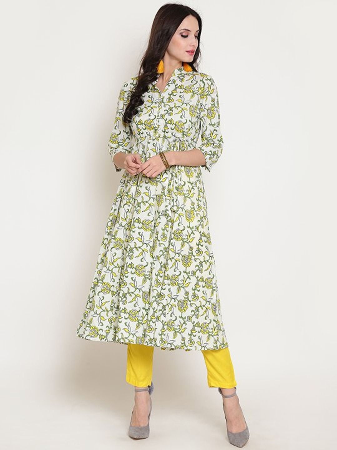 

Sera Floral Printed Mandarin Collar Panelled Waist Tie-Ups Cotton A-Line Kurta, White