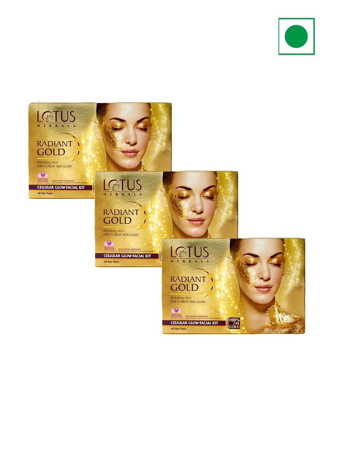 

Lotus Herbals Radiant Set Of 3 Gold Cellular Glow1 Facial Kit-37g Each