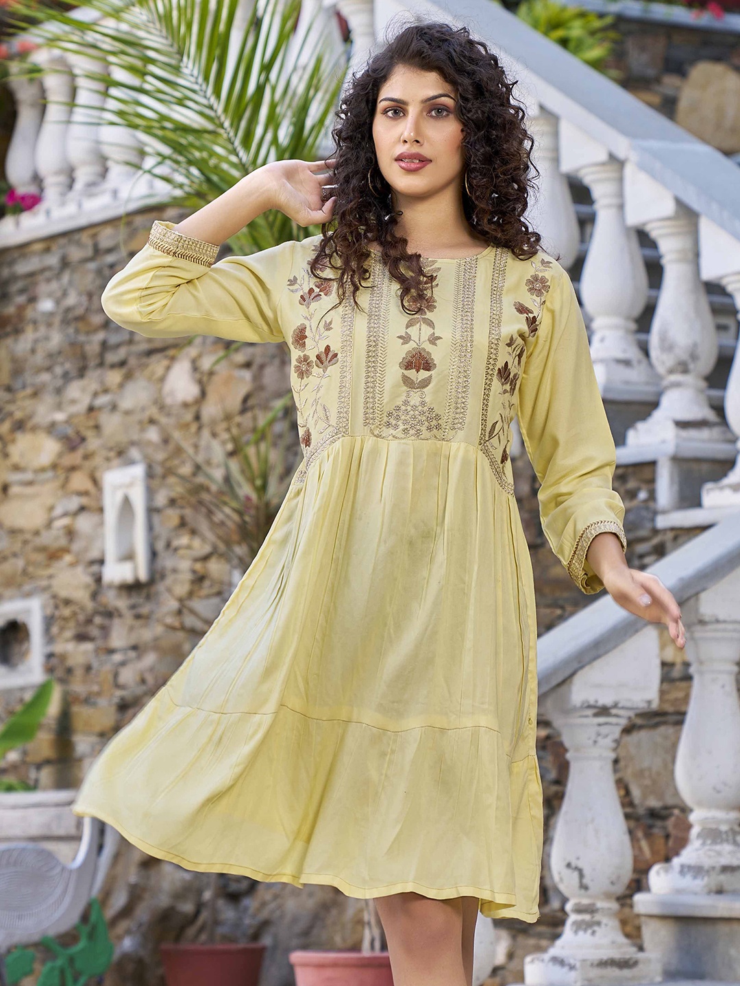 

Puretouch Embroidered Fit & Flare Dress, Mustard