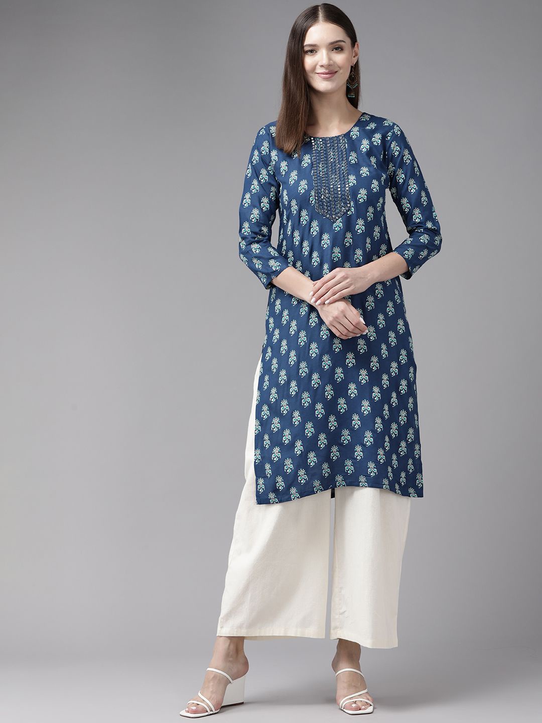

BAESD Floral Printed Round Neck Mirror Work Pure Cotton Straight Kurta, Navy blue