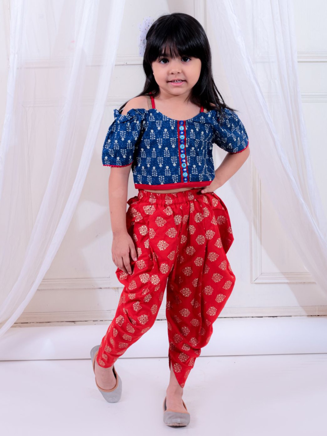 

Twisha Girls Printed Shoulder Straps Pure Cotton Top with Dhoti Pants, Navy blue