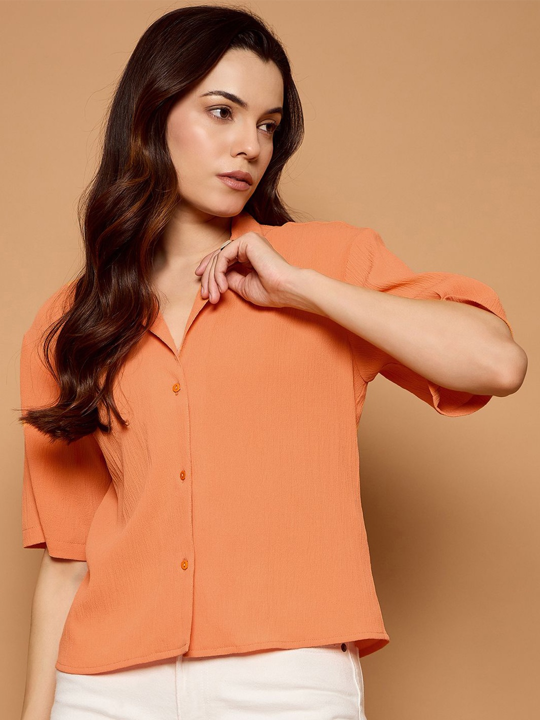 

Kibo Women Standard Cuban Collar Solid Oversized Casual Shirt, Orange