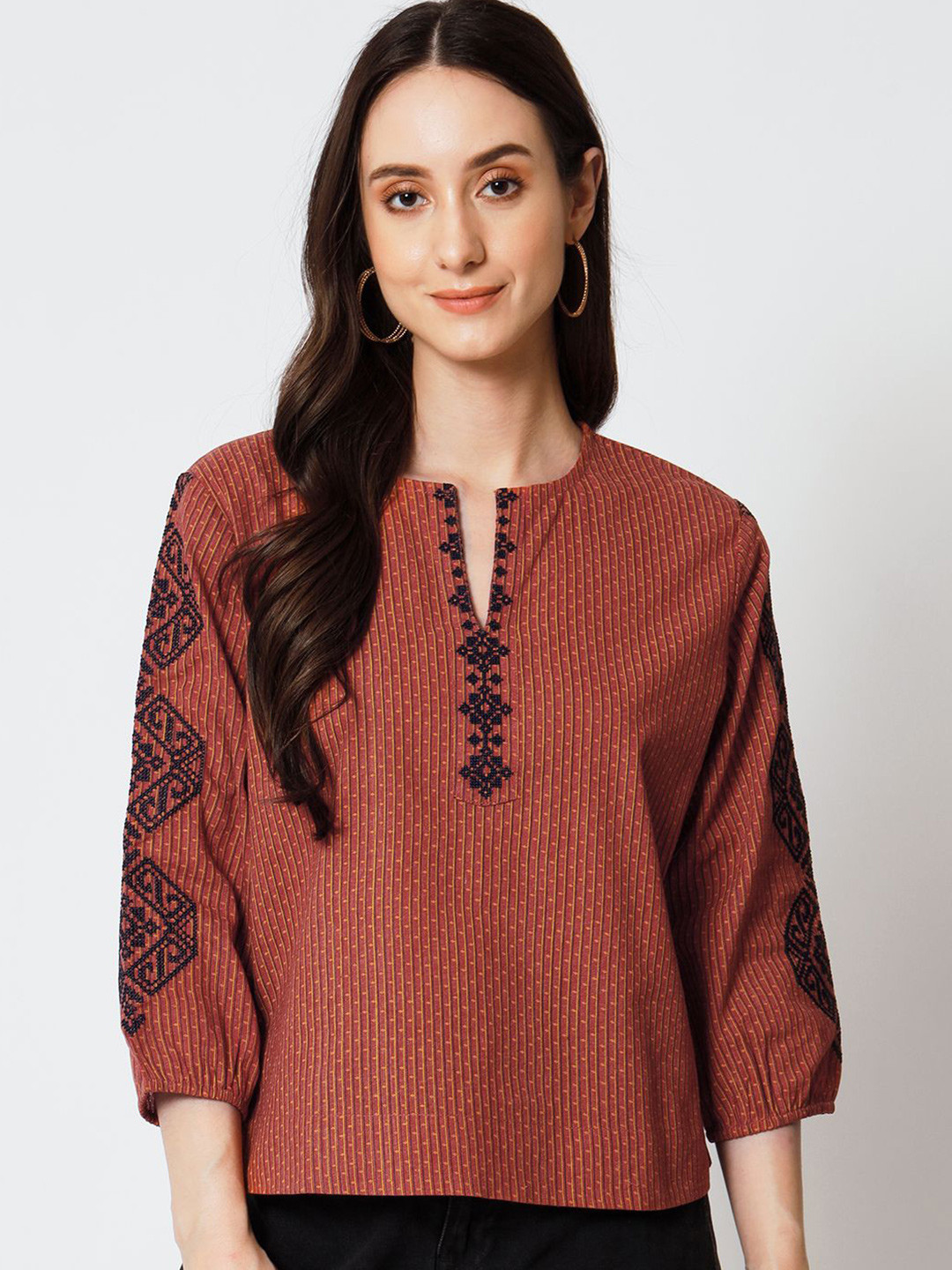 

Yaadleen Women Abstract Printed Embroidered Round Neck Cotton Top, Brown