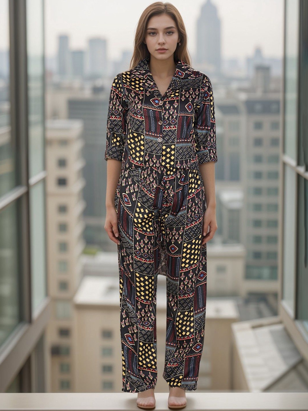 

BAESD Printed Shirt With Palazzos Co-Ords, Black