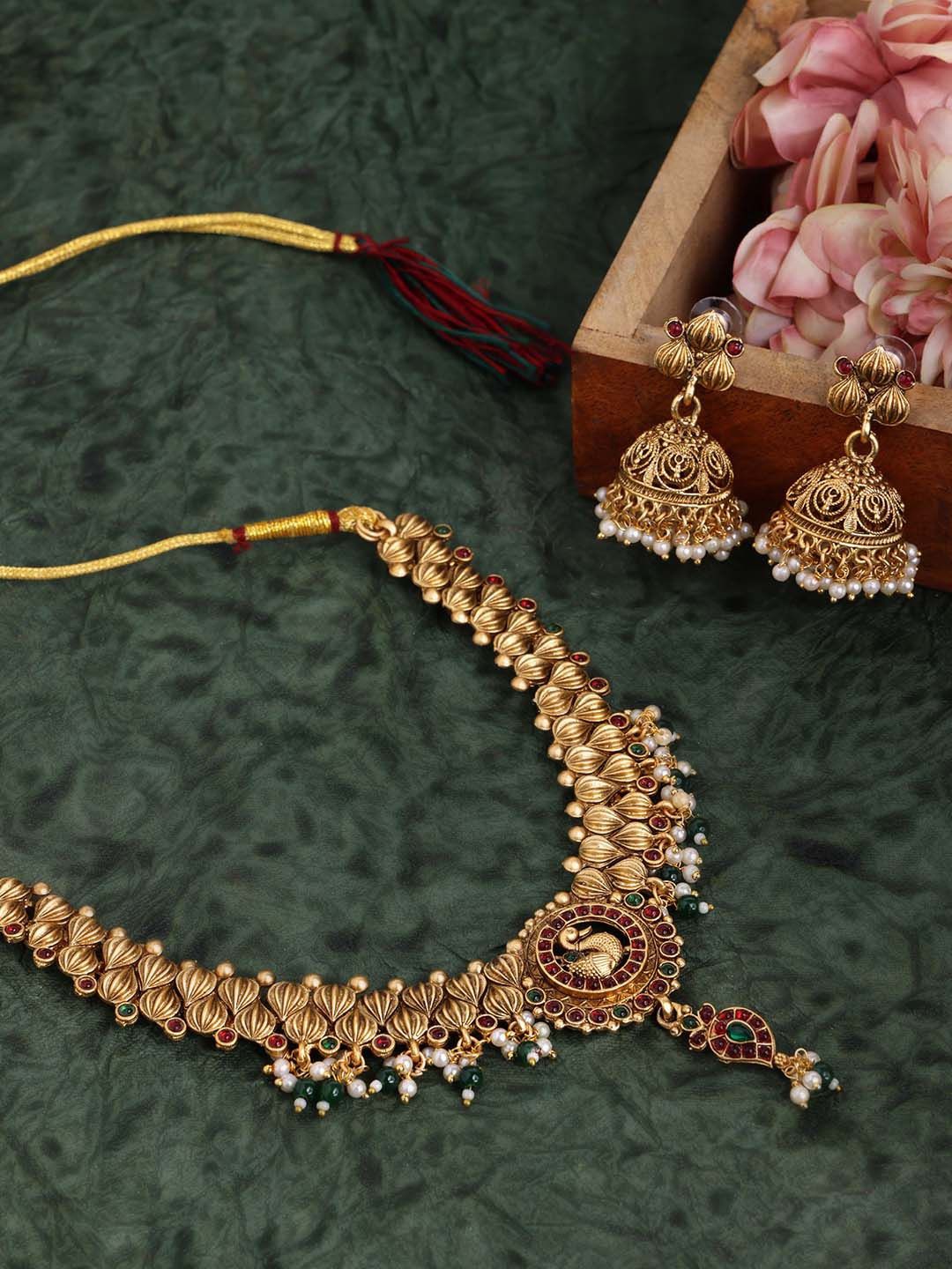 

PANASH Gold-Plated Peacock Shaped Stone-Studded & Beaded Jewellery Set