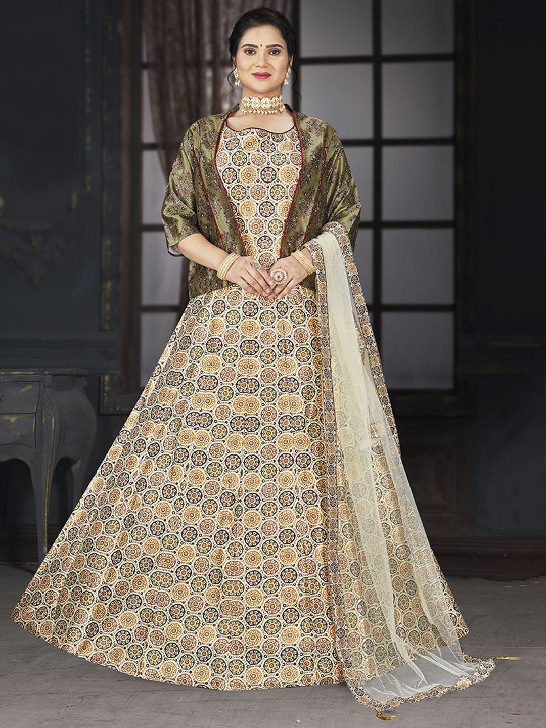 

EthnicTree Printed Fit & Flare Maxi Ethnic Dress With Dupatta & Shrug, Beige