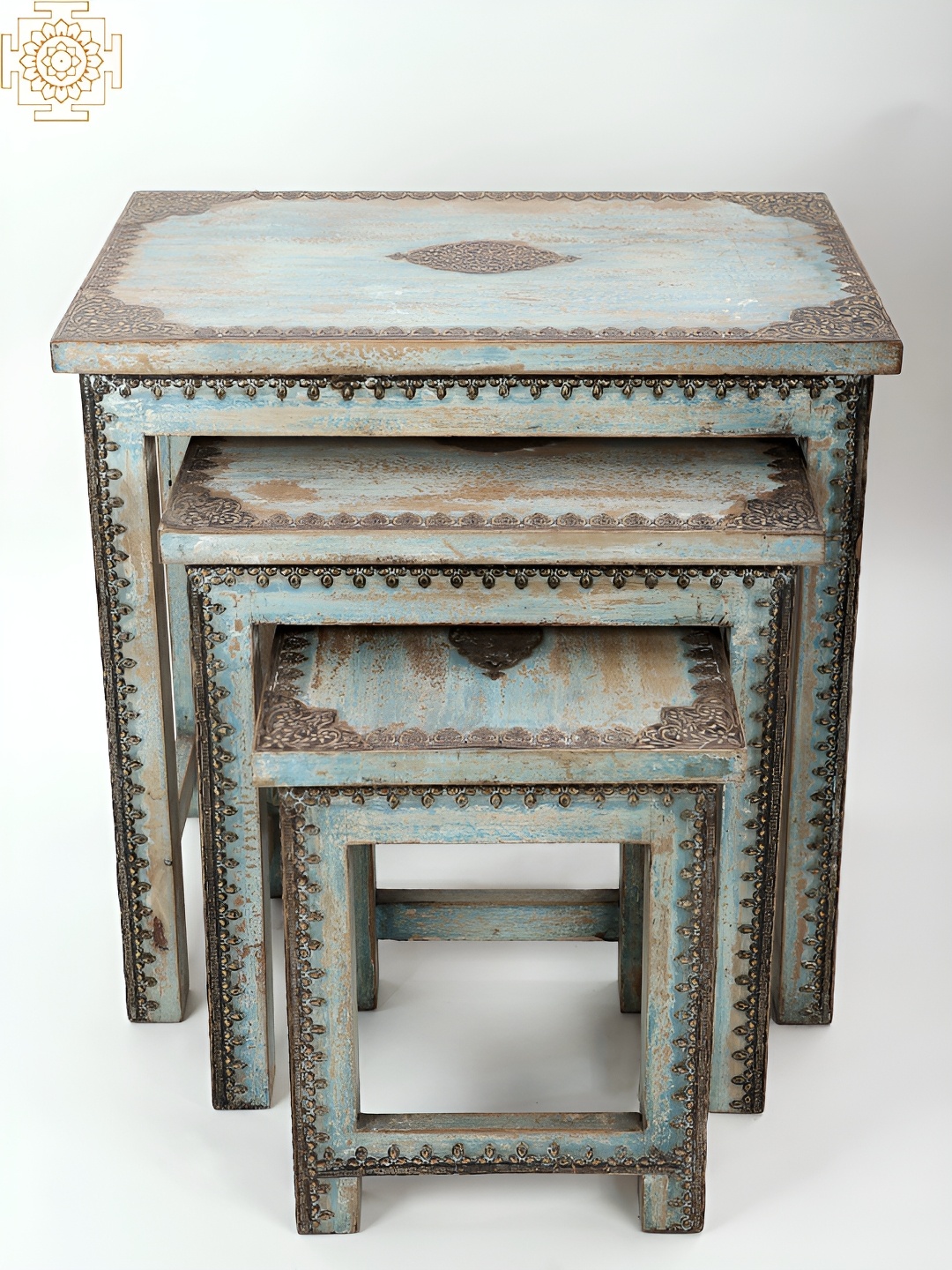 

Exotic India 3 Pieces Ethnic Motifs Wooden Stools Religious Idol Showpiece, Blue