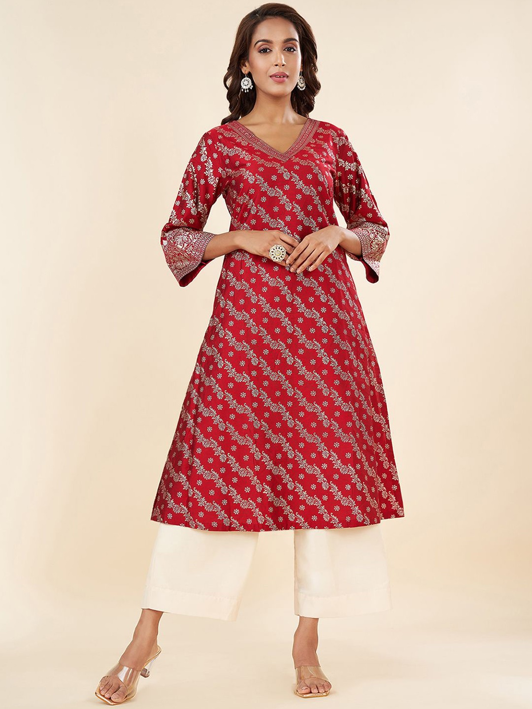 

RANGMANCH BY PANTALOONS Ethnic Motifs Woven Design V-Neck Zari A-Line Kurta, Red