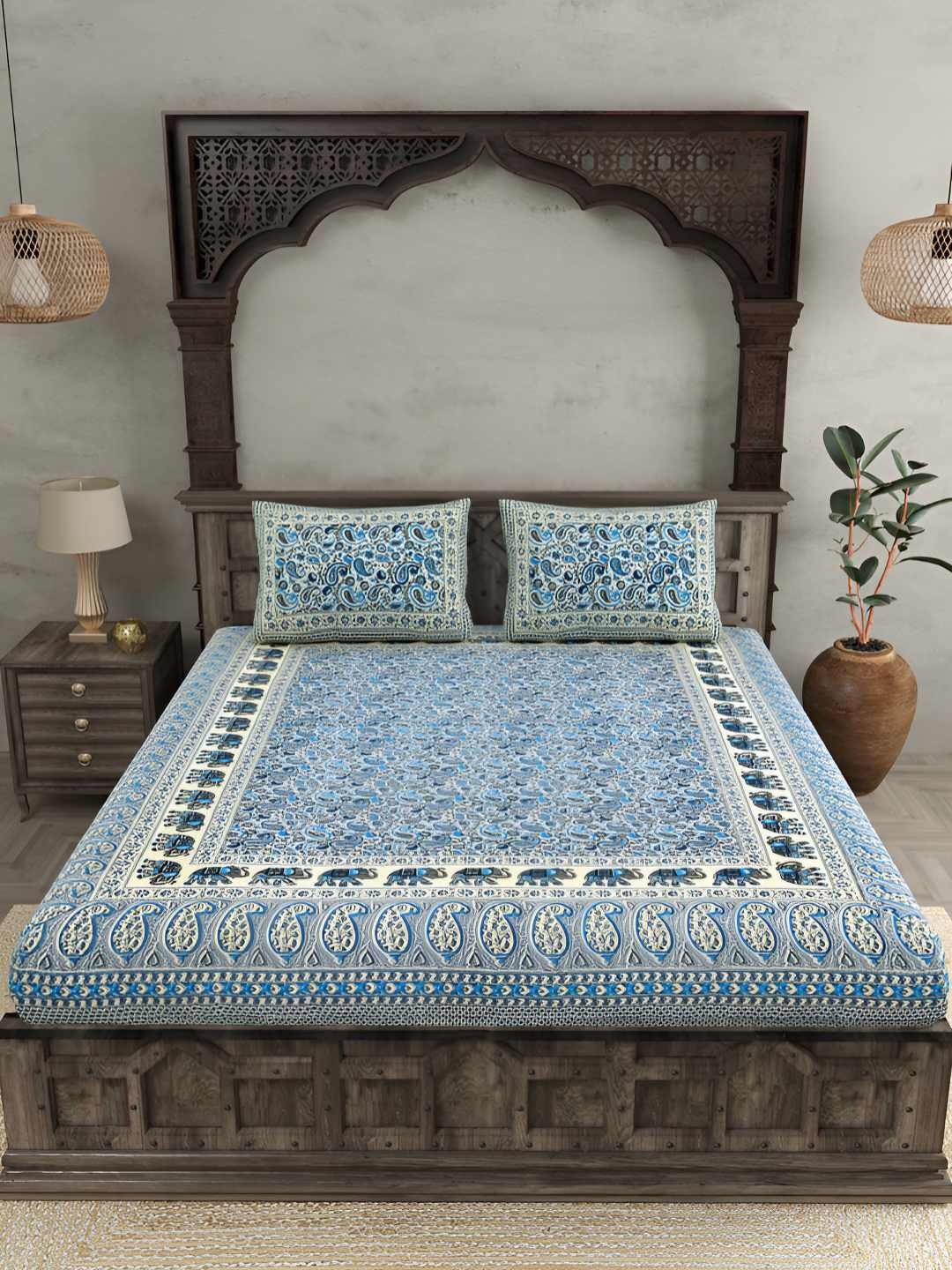 

BED-SHEET.COM Blue Pure Cotton Ethnic Motifs 144 TC King Bedsheet with 2 Pillow Covers
