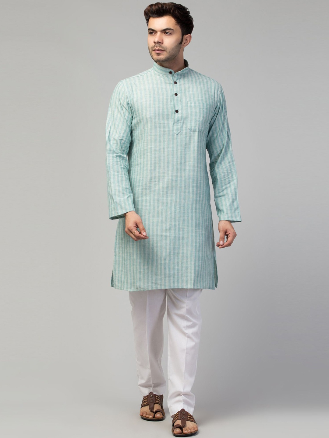 

MUSHKIYA Band Collar Striped Woven design Straight Kurta, Sea green