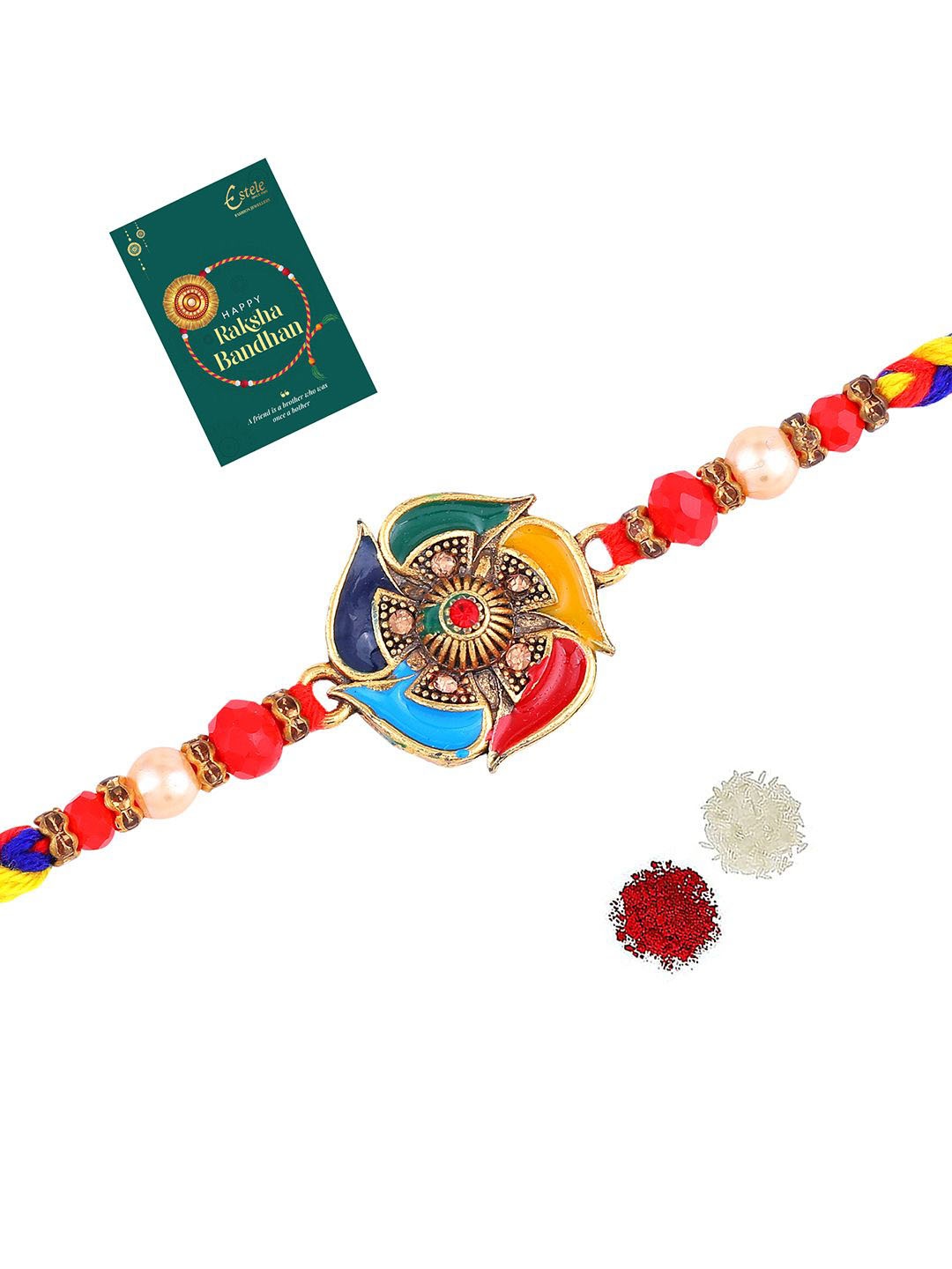 

Estele Gold Plated Stones Studded & Beaded Rakhi With Roli Chawal & Greeting Card