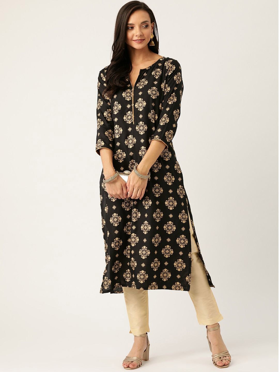 

Anouk Women Printed Keyhole Neck Flared Sleeves Kurta, Black