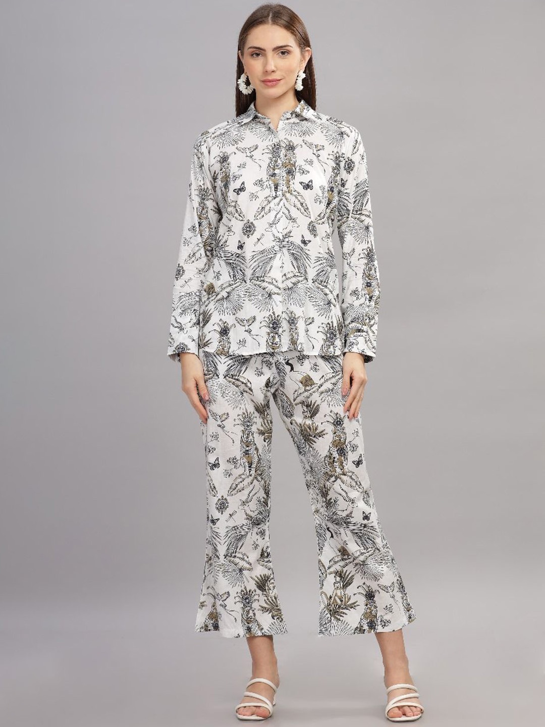

THE VASILIKI Printed Cotton V Neck Tunic With Trouser Co-Ords, White