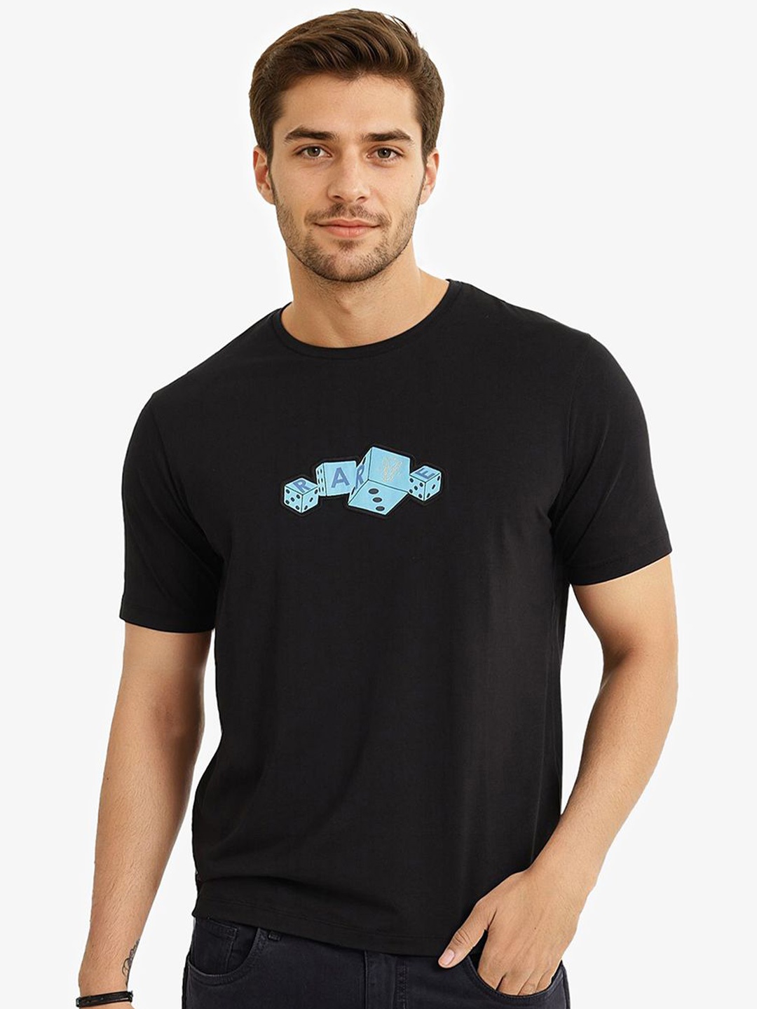

RARE RABBIT Men Drop-Shoulder Sleeves Raw Edge T-shirt, Black