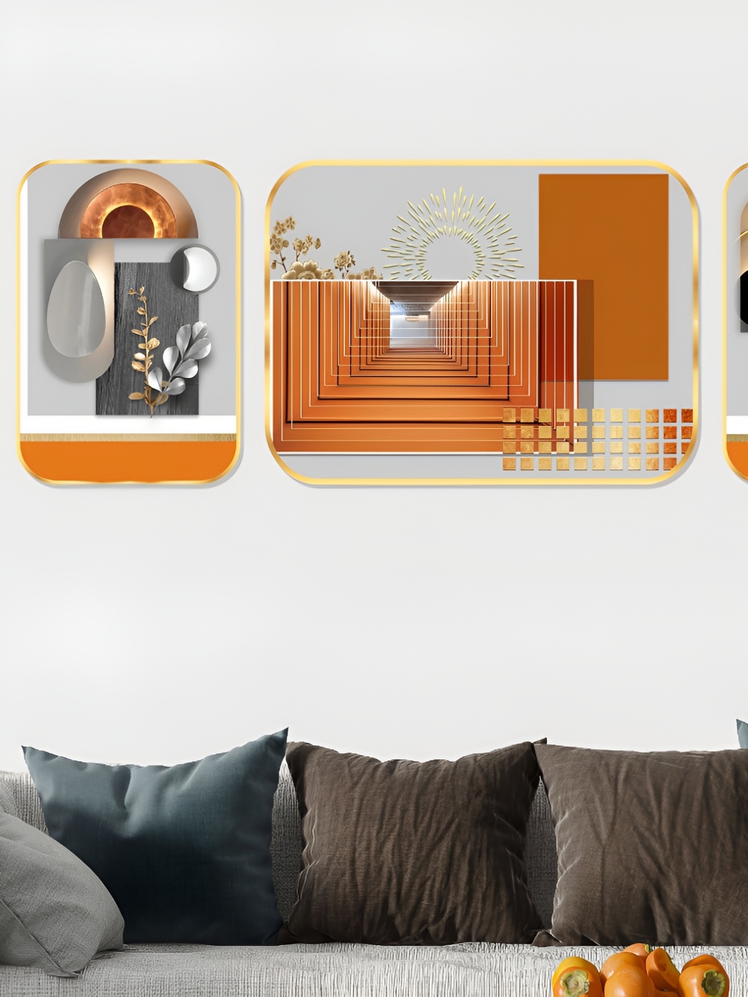 

SAF Grey & Orange 3 Piece Abstract Wooden Framed Wall Art