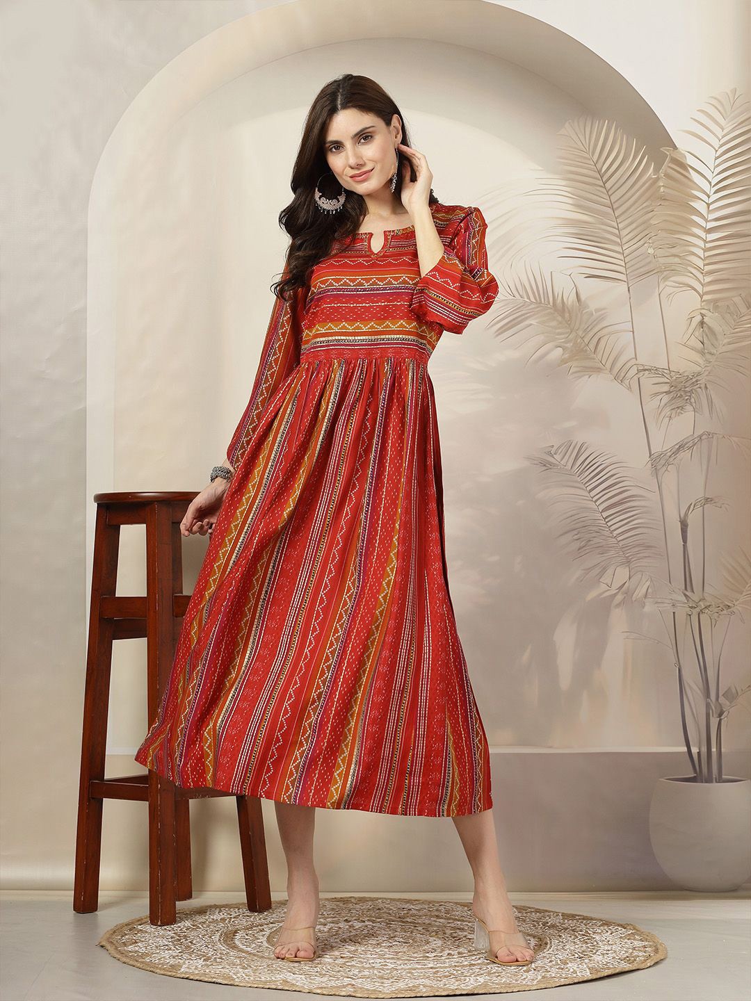 

Nayam By Lakshita Striped A-Line Midi Dress, Red
