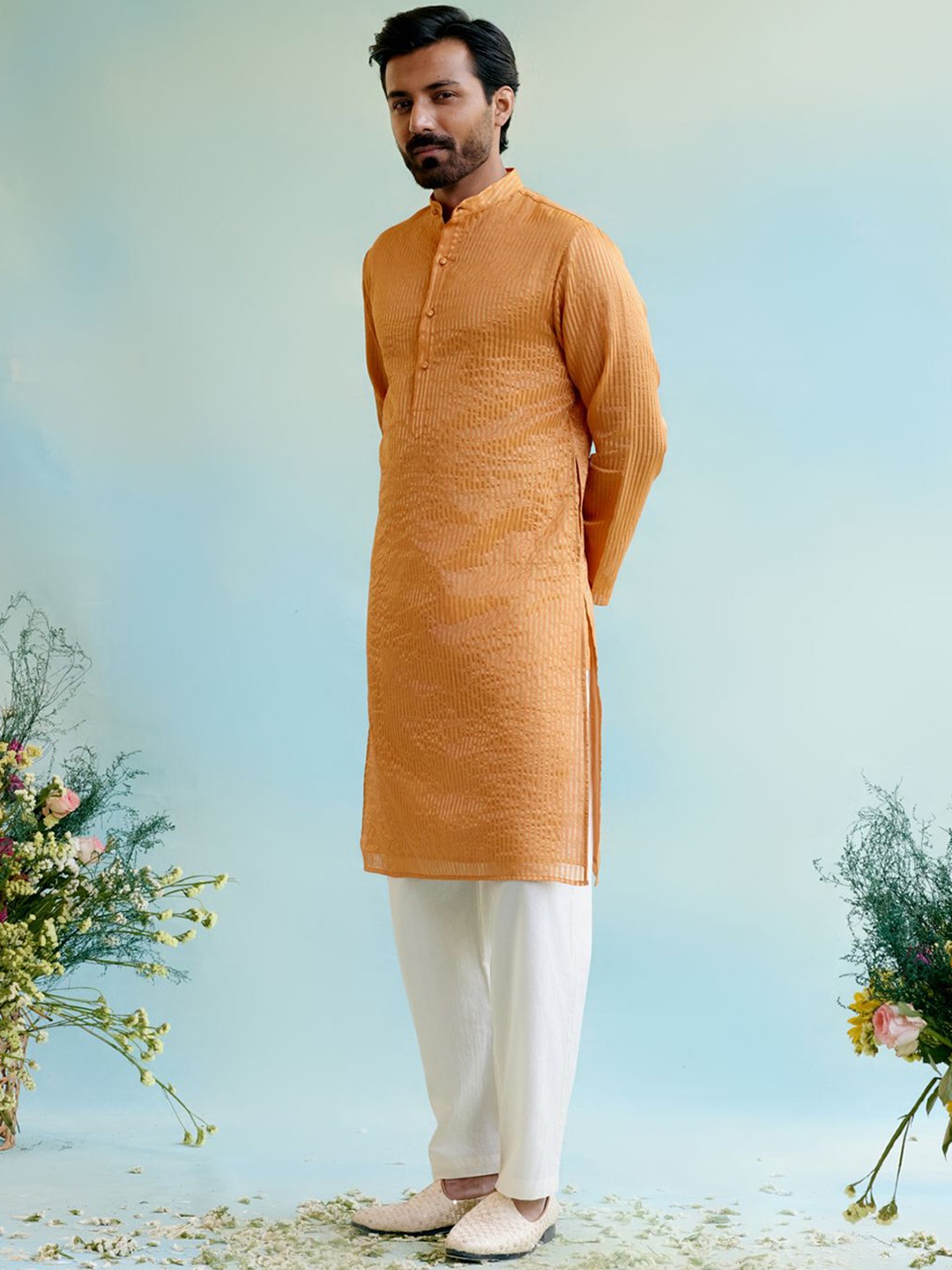 

NERO Striped Mandarin Collar Cotton Straight Kurta, Orange