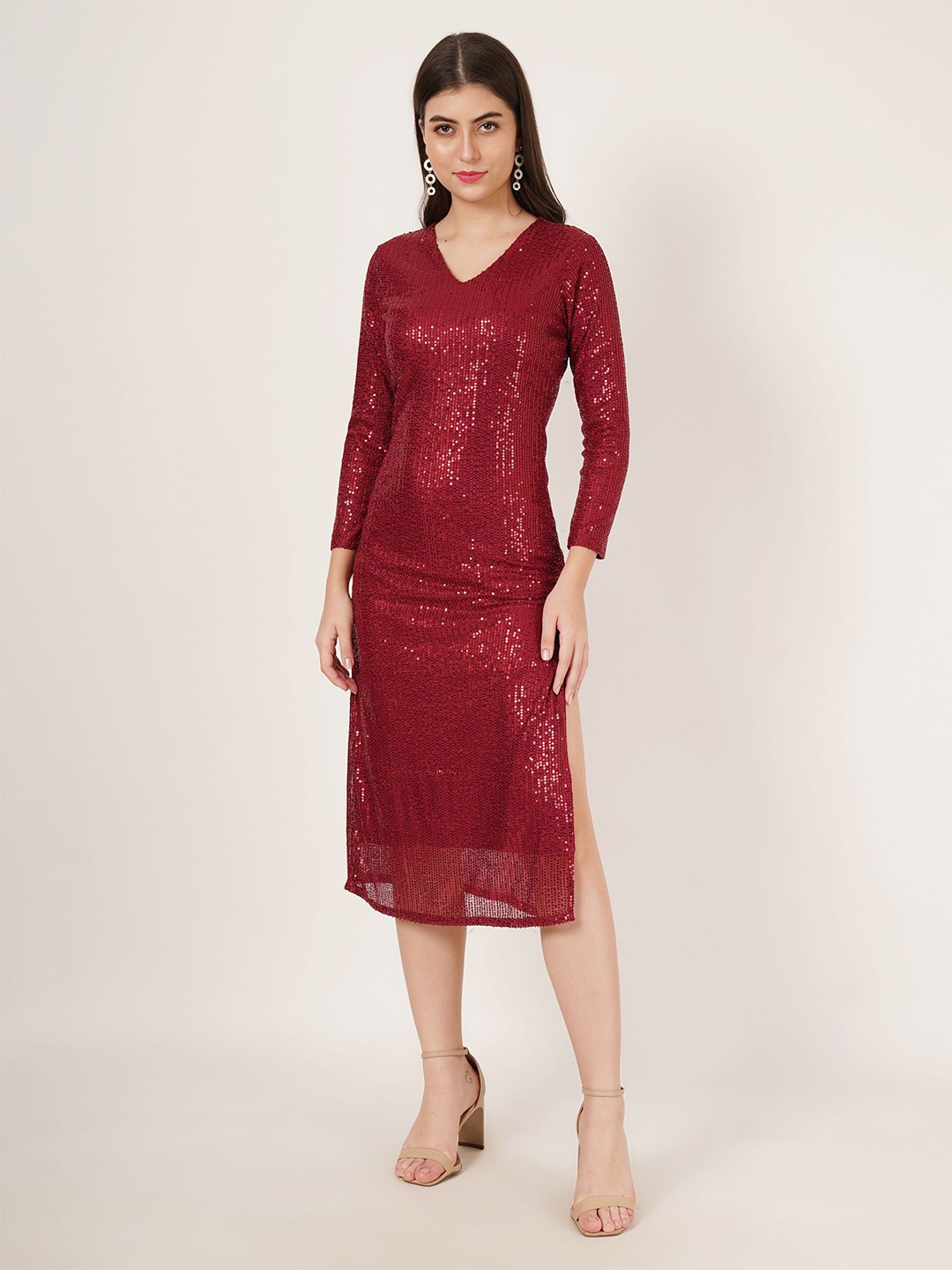 

Karmic Vision Embellished Georgette Sheath Midi Dress, Red