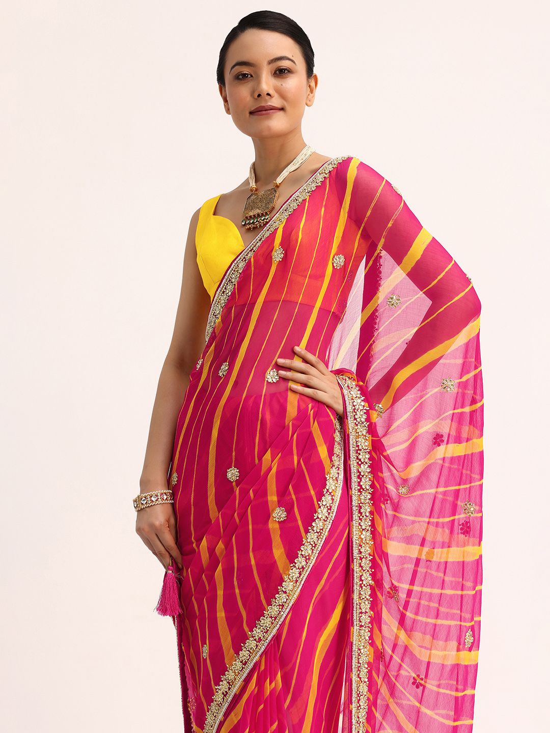 

KALKI Fashion Striped Embroidered Pure Chiffon Leheriya Saree, Pink