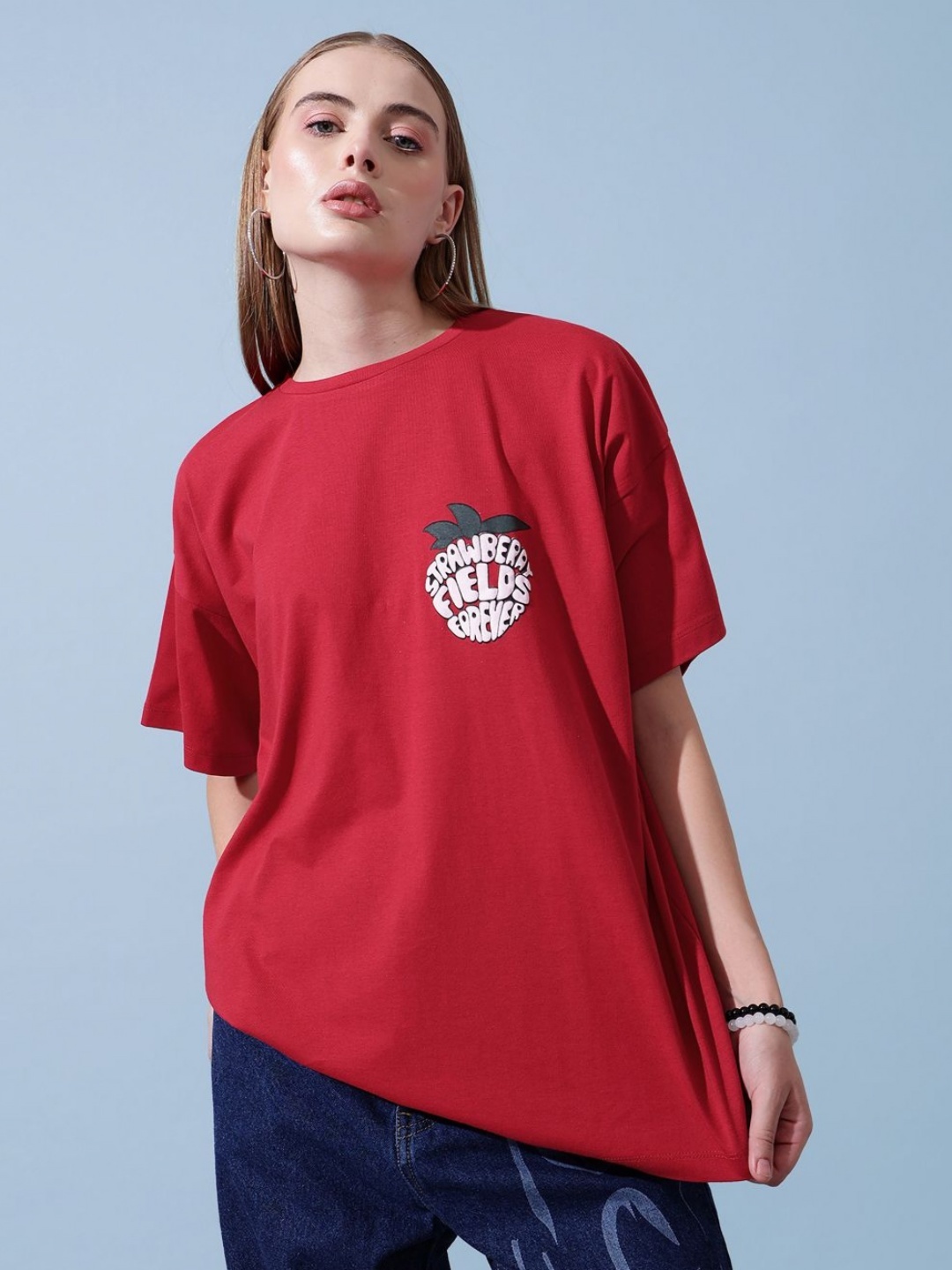 

STREET 9 Women Typography Printed Round Neck Cotton Oversized T-Shirt, Red