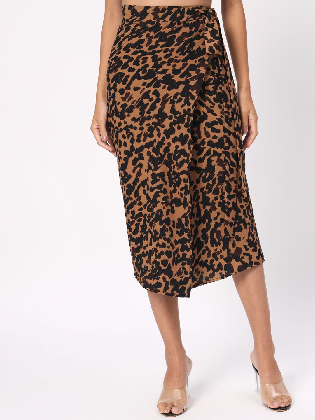 

DEPANO Animal Printed Wrap-Up Midi Skirts, Brown