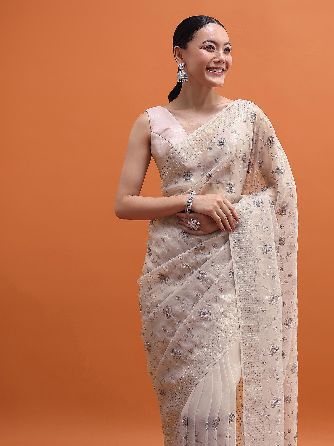 

KALKI Fashion Floral Sequinned Tissue Silver Saree