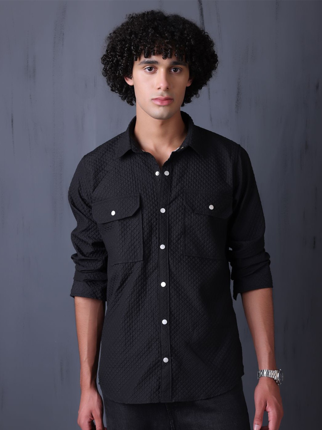 

FILO HEVIS Men Classic Spread Collar Textured Pocket Detailing Cotton Casual Shirt, Black