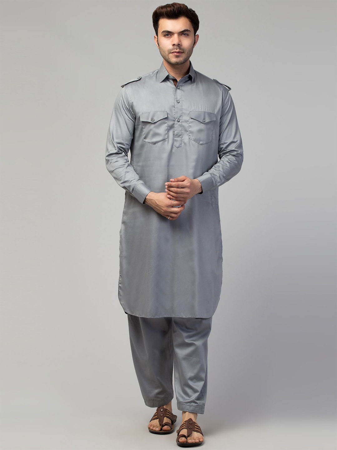 

MUSHKIYA Shirt Collar Pure Cotton Pathani Kurta with Salwar, Grey