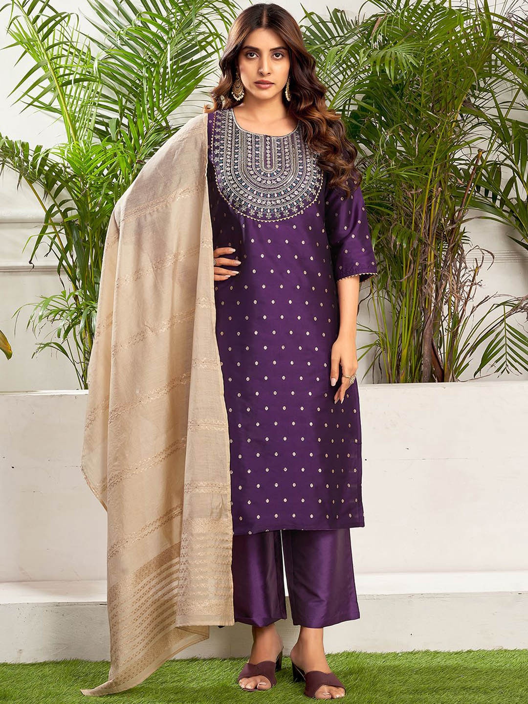 

KALINI Ethnic Motifs Embroidered Sequinned Straight Kurta with Palazzos & Dupatta, Purple