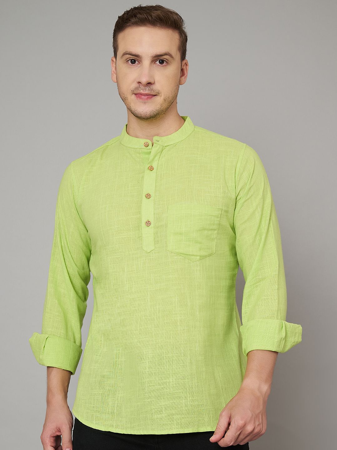 

FABRIC FITOOR Mandarin Collar Pure Cotton Short Kurta, Lime green